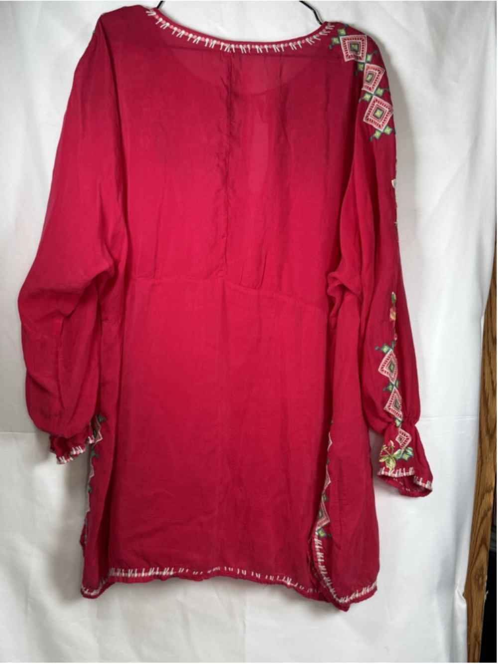 Johnny Was Red Floral Embroidered Tie Yoke Neck Tunic Top Blouse 2X Geometric - Picture 5 of 9